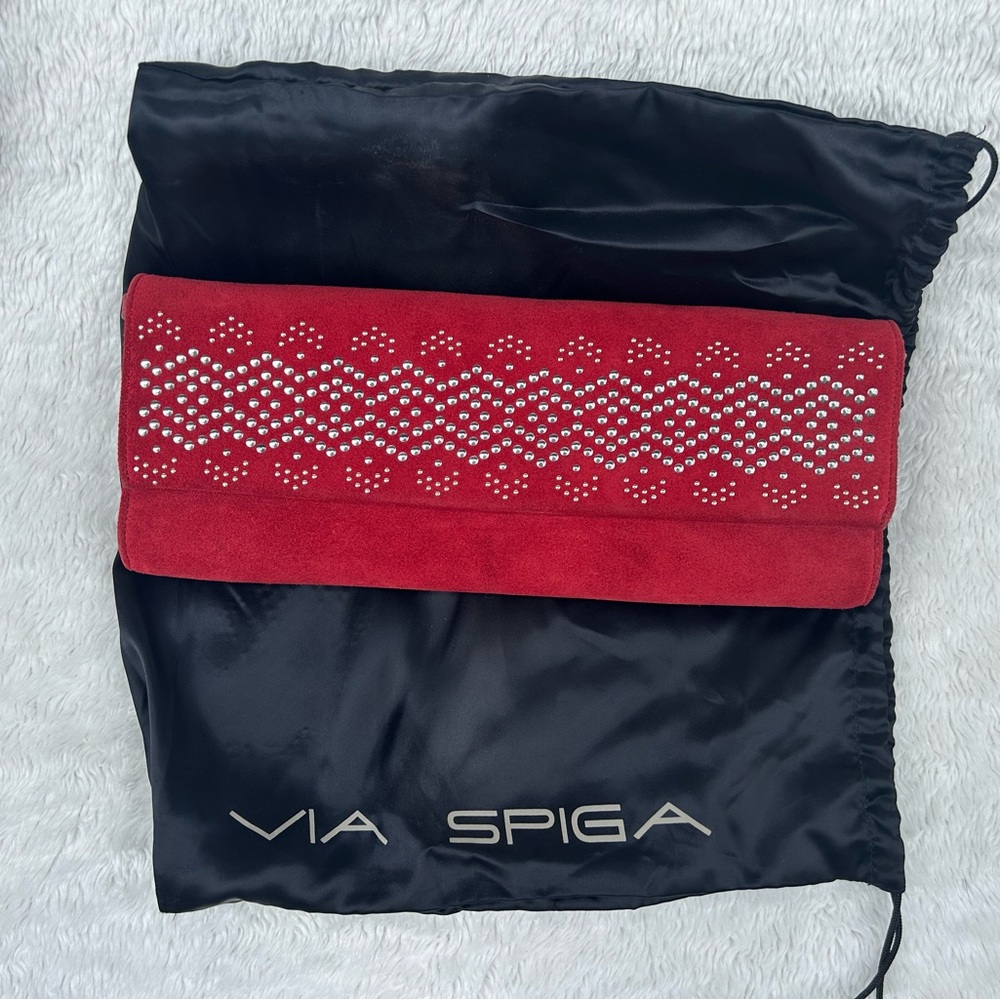 Via Spiga Vintage Clutch w/detachable Strap, Red Suede & Leather Accents